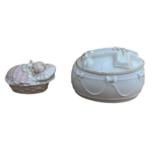 Two Roman Inc White & Pink Ceramic Keepsake Trinket Boxes Religious Cross Child - Picture 12 of 12